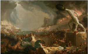 Depicts the destruction of a once glorious empire by battling armies and the volatile forces of nature including ominous thunderclouds, a storm-tossed sea, and raging fires. The bridge at center collapses under the weight of clashing armies.