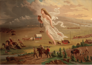 The feminized figure of "American Progress" leads settlers, miners, and traders from East to West