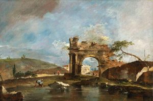 Capriccio with ruins and riverbank by Guardi
