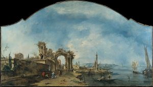 Guardi's painting of a fantastic landscape with ruins and ships