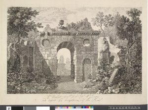 Etching of the artificial ruins at Kew