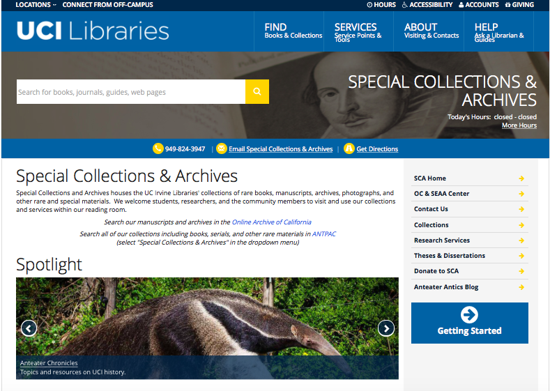 Screenshot of the UCI Special Collections homepage