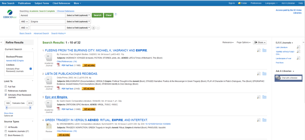 Screenshot of search results in EBSCO Host, listing three journal articles and a review