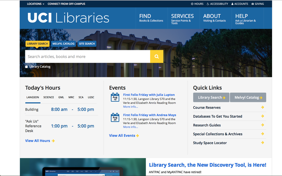 Screenshot of UCI Libraries homepage