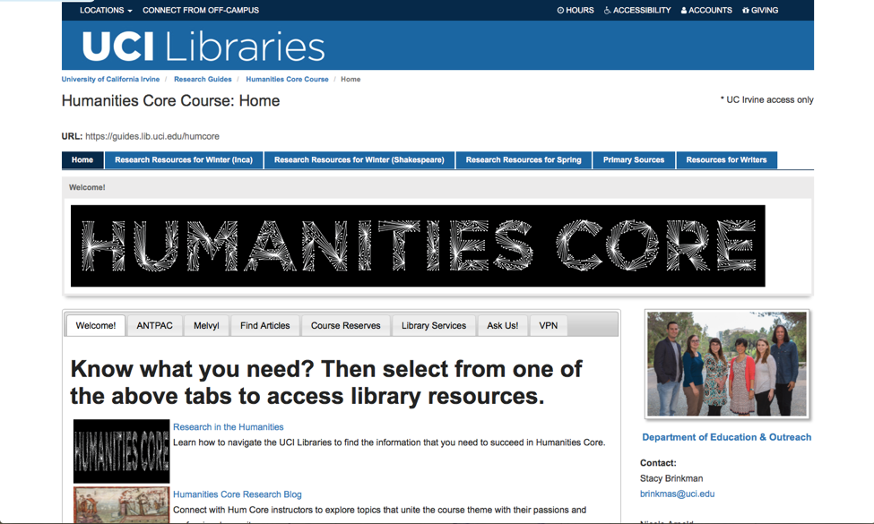 Screenshot of UCI Libraries Humanities Core Course libguide page