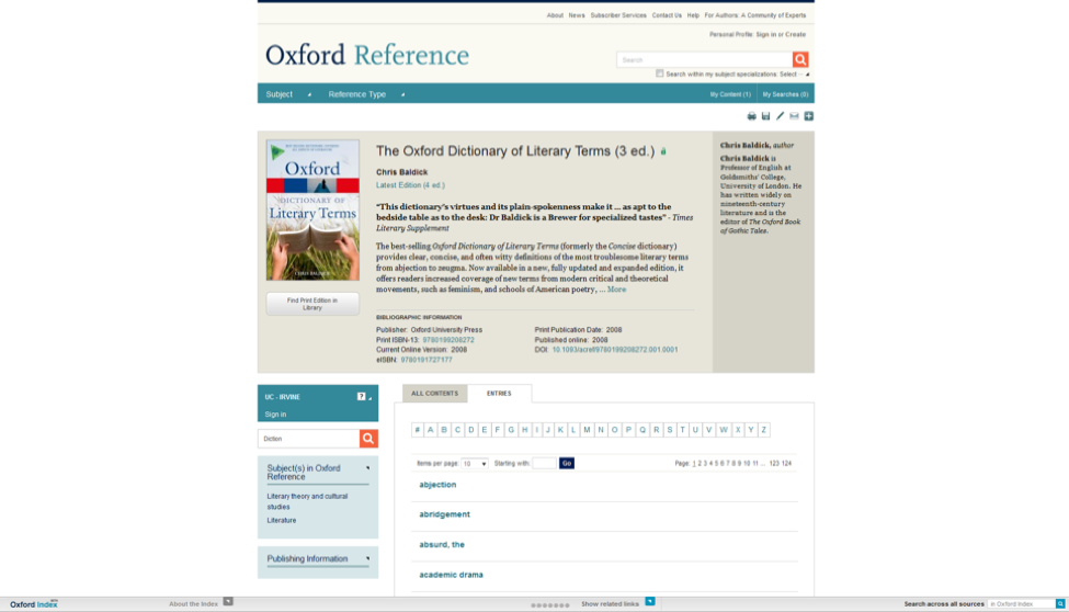 Screenshot of Oxford Dictionary of Literary Terms page on Oxford Reference website