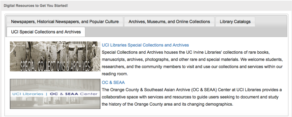 Screenshot of lib guide on Digital Resources to Get You Started, Special Collections tab