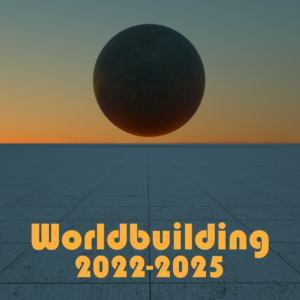 Worldbuilding 2022-2025. Image of a sphere floating above a horizon with tiled foreground.