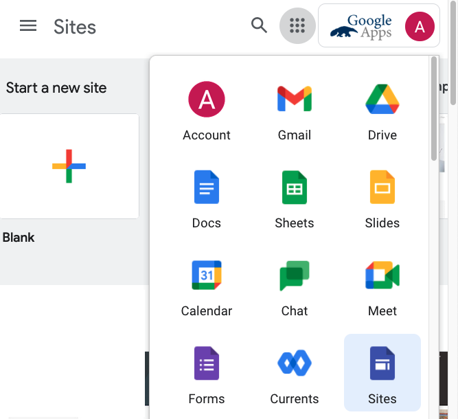 Screenshot of Sites within UCI Google Workspace