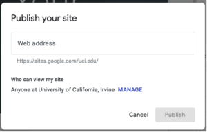 Screenshot of the default “Publish” window in the editing view of a Google Site