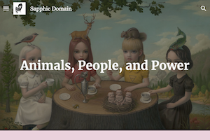 Screenshot of student website homepage with surreal image of human figures and animals around a tree trunk table