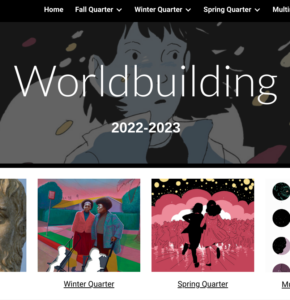 Website homepage screenshot "Worldbuilding 2022-2023" with animated character in background