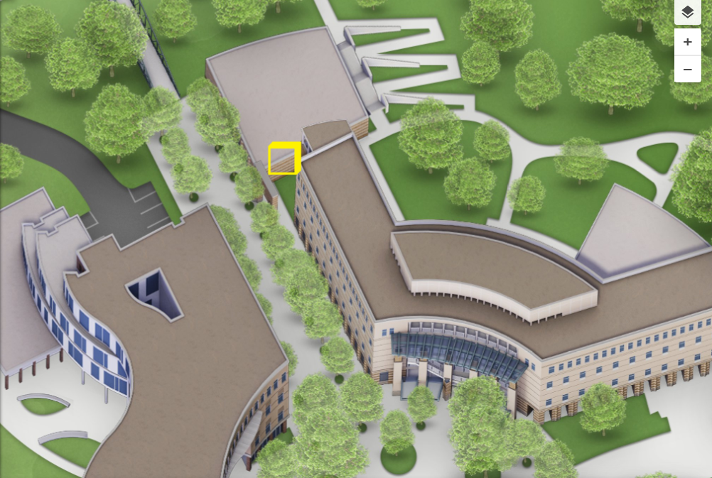 Detail of School of Humanities buildings with a yellow box indicating location