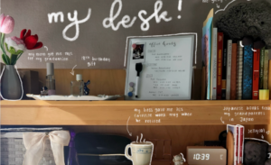 Personal and study items on desk shelves, with handwritten labels added to the phot, including "my desk," "18th birthday gift," and "Japanese books from my grandparents" 